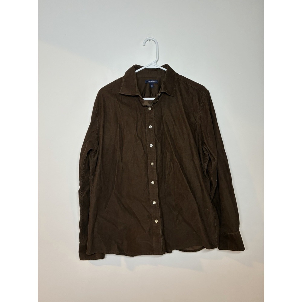 Women's Lands' End Brown Corduroy Long Sleeve Button Up 100% Cotton size L 14-16